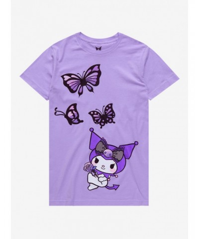 Kuromi Lavender Butterfly Boyfriend Fit Girls T-Shirt $9.36 T-Shirts